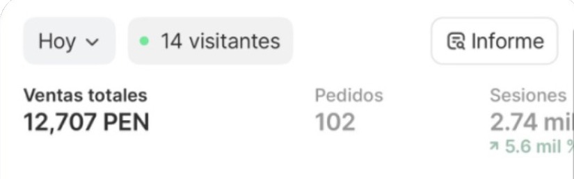 Ventas de Jaqui Shop en un día: 12,707 PEN y 102 pedidos